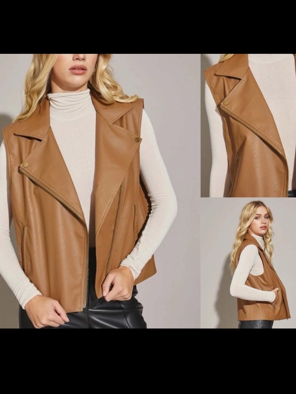 Mustard Seed Faux Leather Oversized Moto Vest Jacket Brown Size Small NWT - Picture 4 of 15